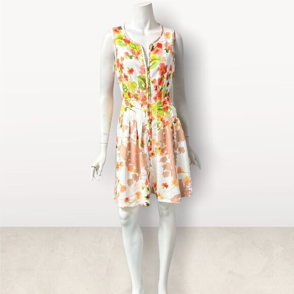 Betsey Johnson Floral Falling Leaf Zip Front Dress 50’s Fit n Flare Bones Sz 6 - Picture 2 of 8